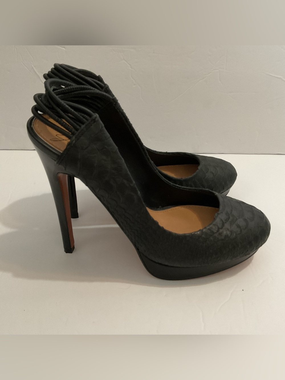 Badgley Mischka Black Snakeprint Leather 5.5” Stiletto Heel w/ Platform Ft 7.5